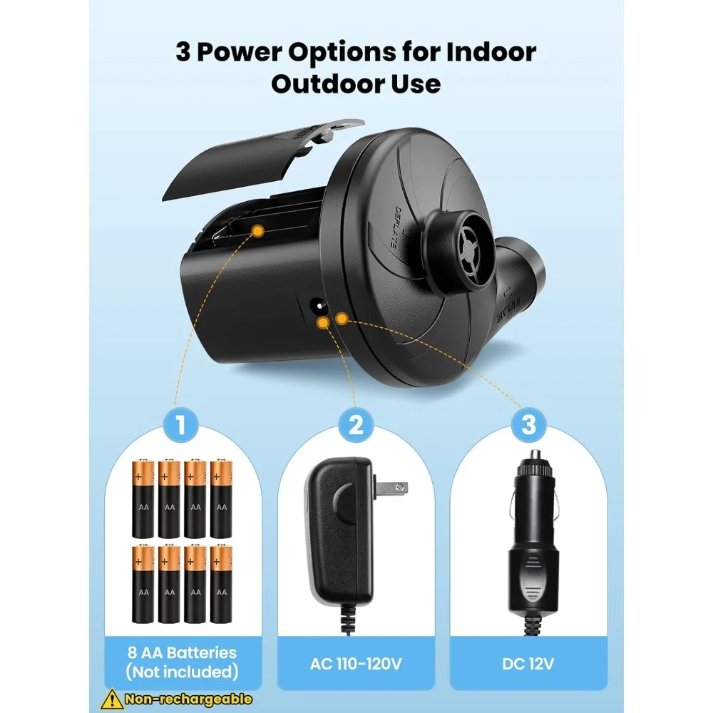 مضخة مرتبة هوائية، مضخة هواء كهربائية محمولة تعمل بثلاث طرق مع 3 فوهات تيار متردد 110 فولت، تيار مستمر 12 فولت، منفاخ سريع التعبئة يعمل بالبطارية