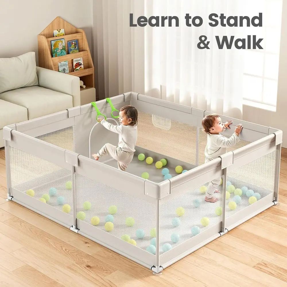 Cercadinho de bebê resistente cinza com portão, 69 x 59 pol., área de jogo interna para bebês e crianças pequenas