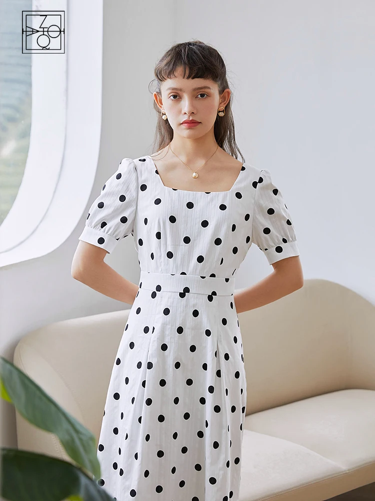 ZIQIAO Casual DressOffice Lady White Polka Dot Dress Female Summer 2021 New Hight Waist Thin White Polka Dot Fresh Dress