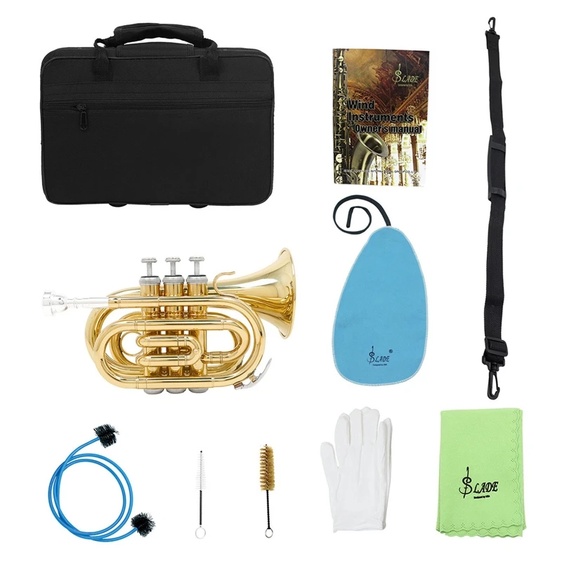 Brass Trumpet Set Flat Trumpet with Carrying Case, Gloves, Cleaning Tool Student Trumpet Wind Instrument E56D