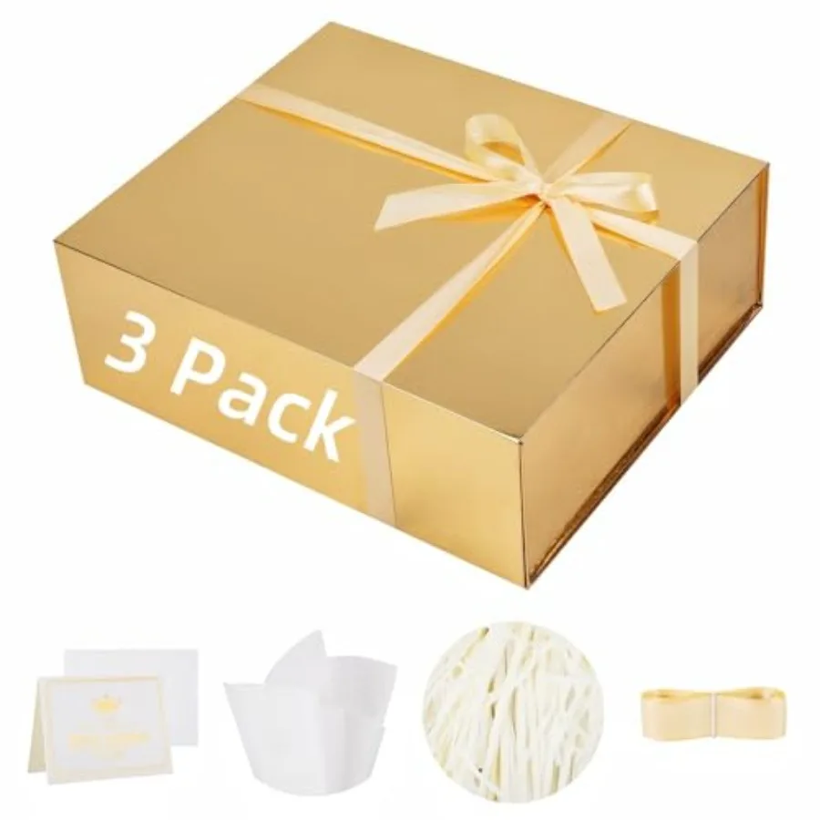 

3 Pack Extra Large Gold Gift Box 17x14.5x6 inch for Birthday Christmas Presents Luxury Collapsible Magnetic Closure Box with Ca