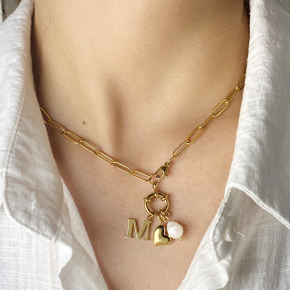 

Stainless Steel Spring Buckle Pendant Necklace for women Freshwater Pearl golden Initial Letter Heart Pendants Women's Jewelry