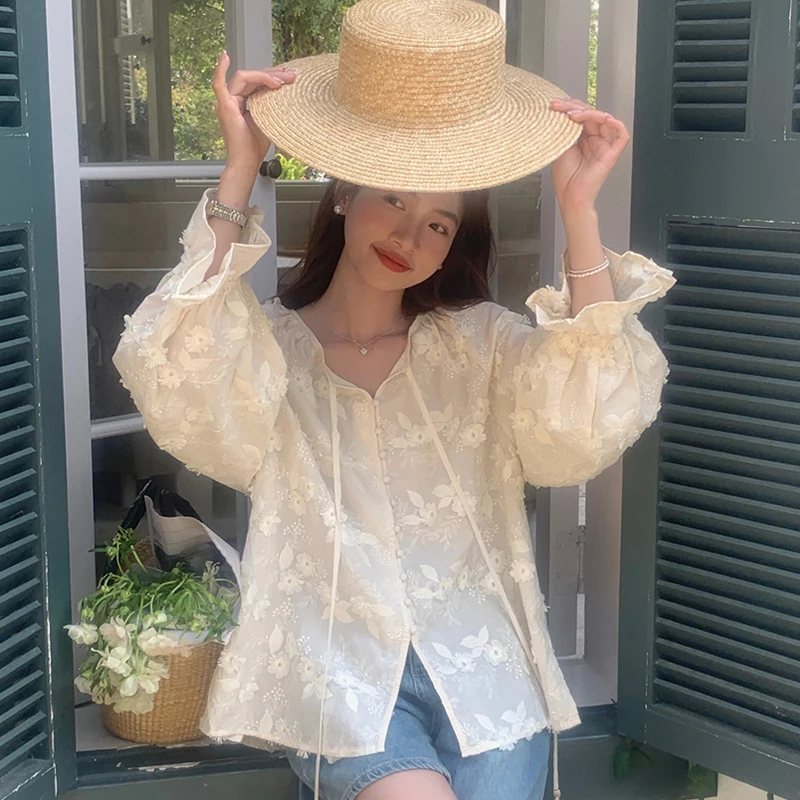 Elegant V Neck Flare Sleeve Embroidered Flowers Blouse Women Loose Casual Vintage Spring Summer Shirt Korean Chic Sweet Blusas