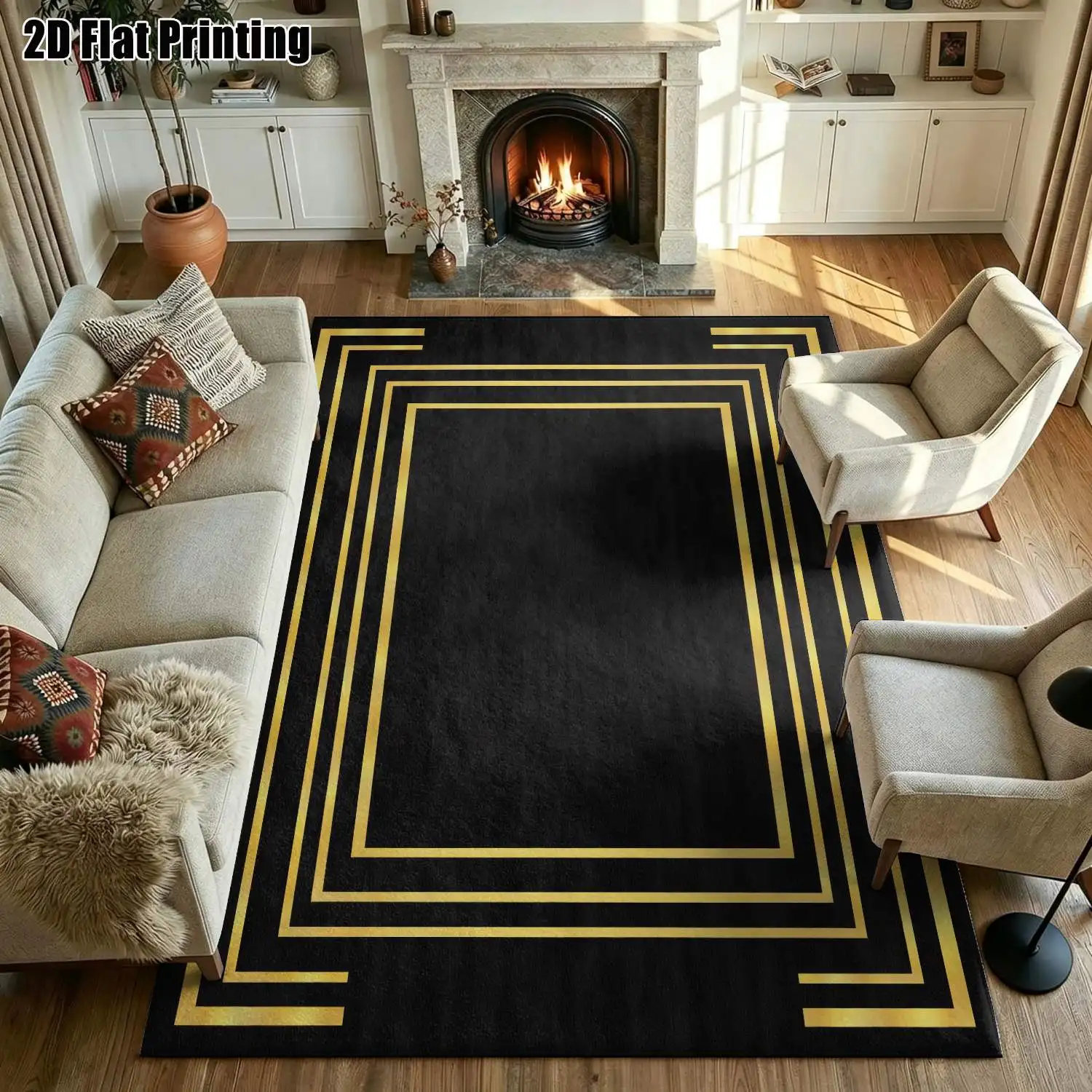 1Pc 2D Printed Carpet: Black & Gold Geometric Frame Pattern Modern Minimalist, European-Style, Vintage, Geometric Striped. Home Decor, Multi-Size, Machine Washable. Ideal for Entryways, Living Rooms, Bedrooms, Study Rooms, and Foyer Mats.