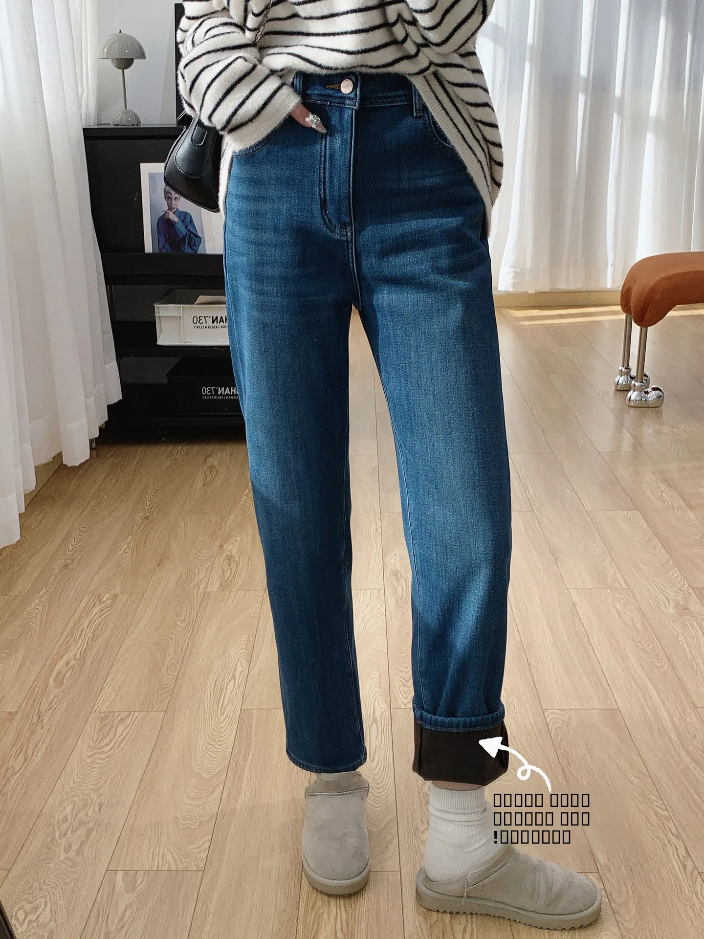 

Женские зимние джинсы с высокой талией, прямые, из утолщенного хлопка, эластичные, теплые, повседневные, новинка