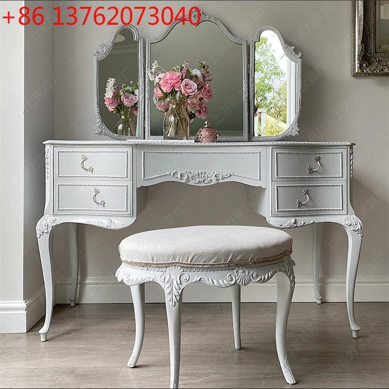 Tavolo da trucco intagliato in legno massello con cassettiera invecchiata vintage bianca francese nordica