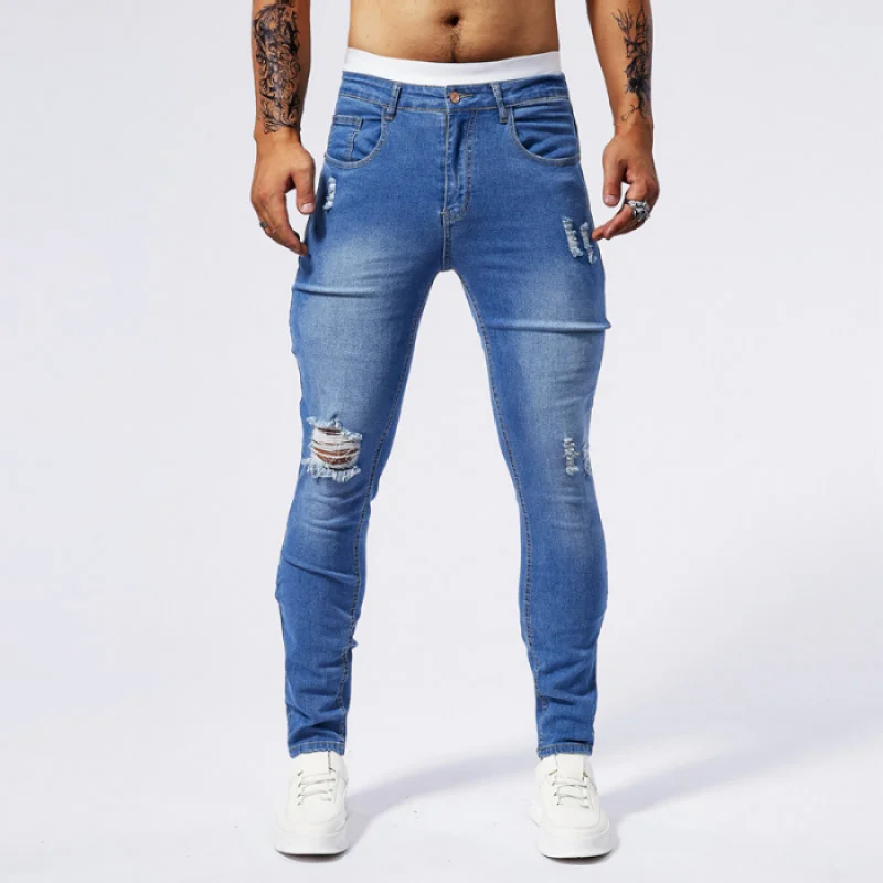 Fashionable American style distressed jeans for men's 2024new summer thin stretch slim fit small foot tight classic street pants