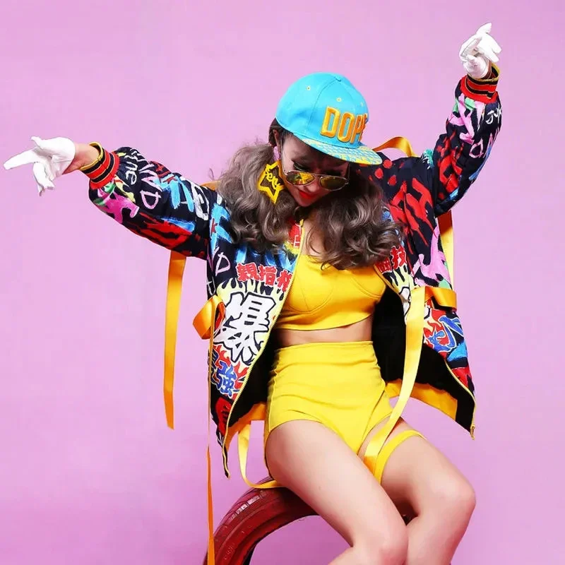 Mannen Jazzdans Hip Hop Persoonlijkheid Doodle Jas Nachtclub DJ Jas Vrouwen Losse Lint Kwastje Straat Dansen Podiumkostuums