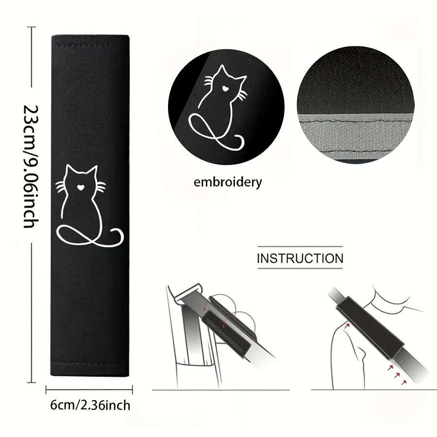 1Pair Kitten Embroidery Ice Silk Seat Belt Pads Soft Anti-Pinch Car Shoulder Covers Universal