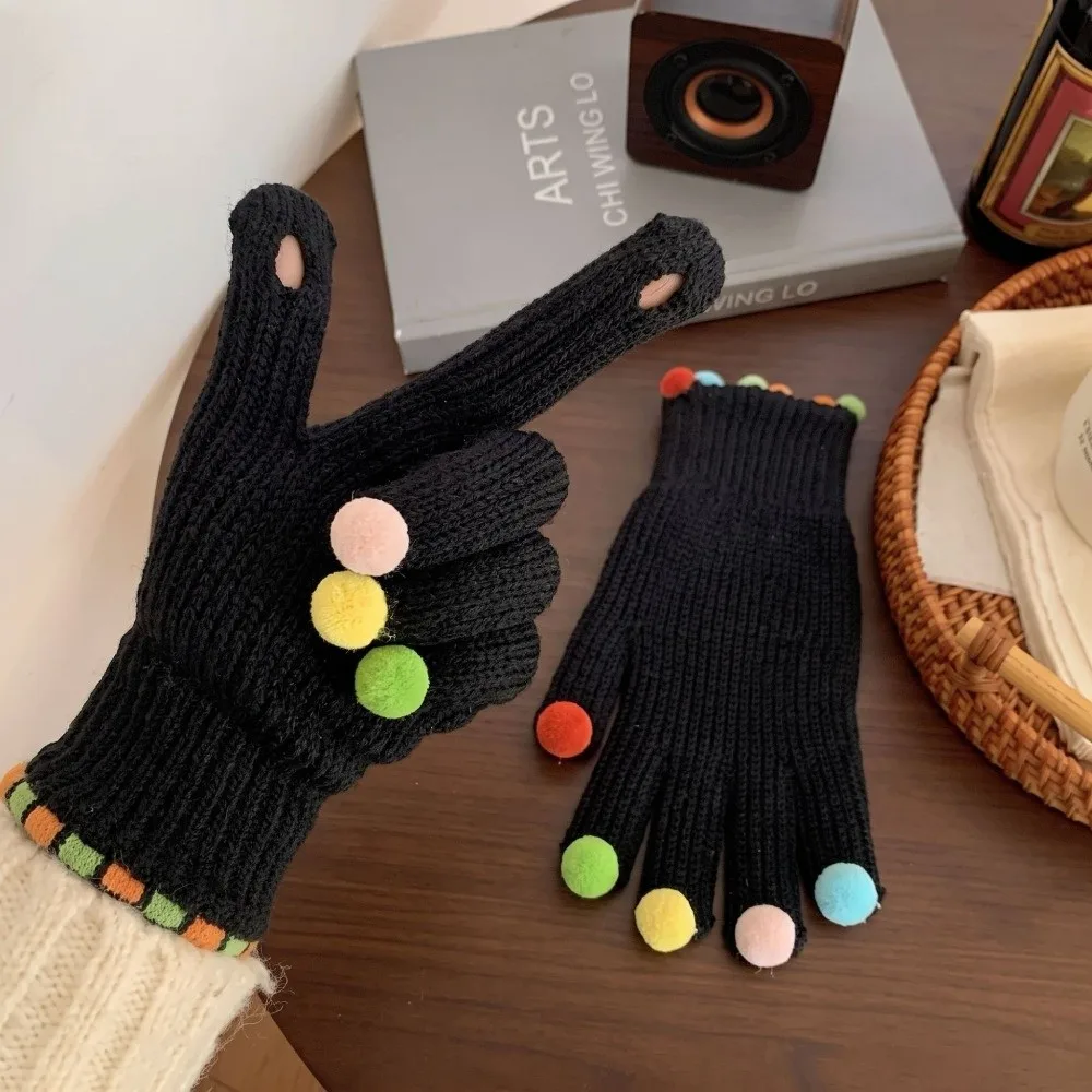 Warm Candy Pom Pom Knit Gloves Candy Color Hand Warmers Winter Cold Proof Knitted Gloves Knitted Thermal