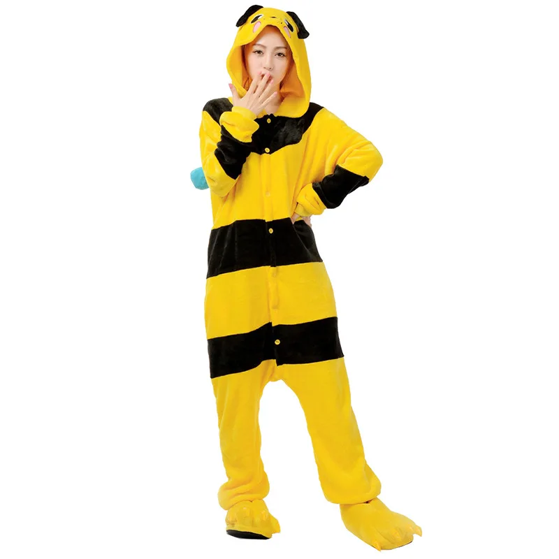 

Animal Onesies Kigurumi Yellow Bee Pajamas Set Women Winter Flannel Cartoon Cosplay Sleepwear Jumpsuit Men Homewear Pijama