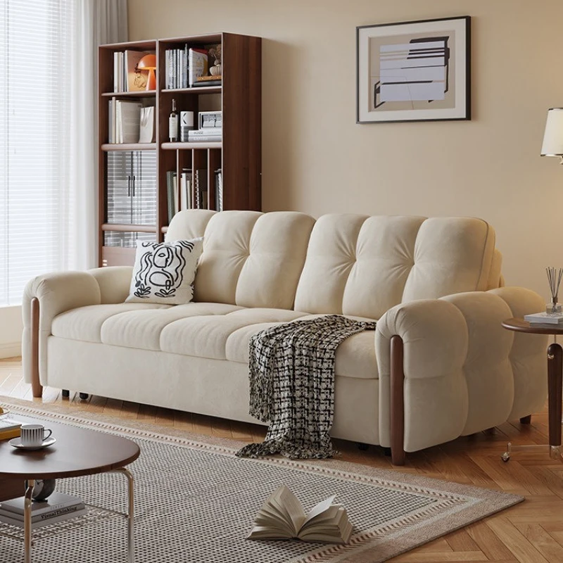 cream log wind pulling telescopic folding dual-purpose sofa bed small apartment living room study dual-purpose bed storage