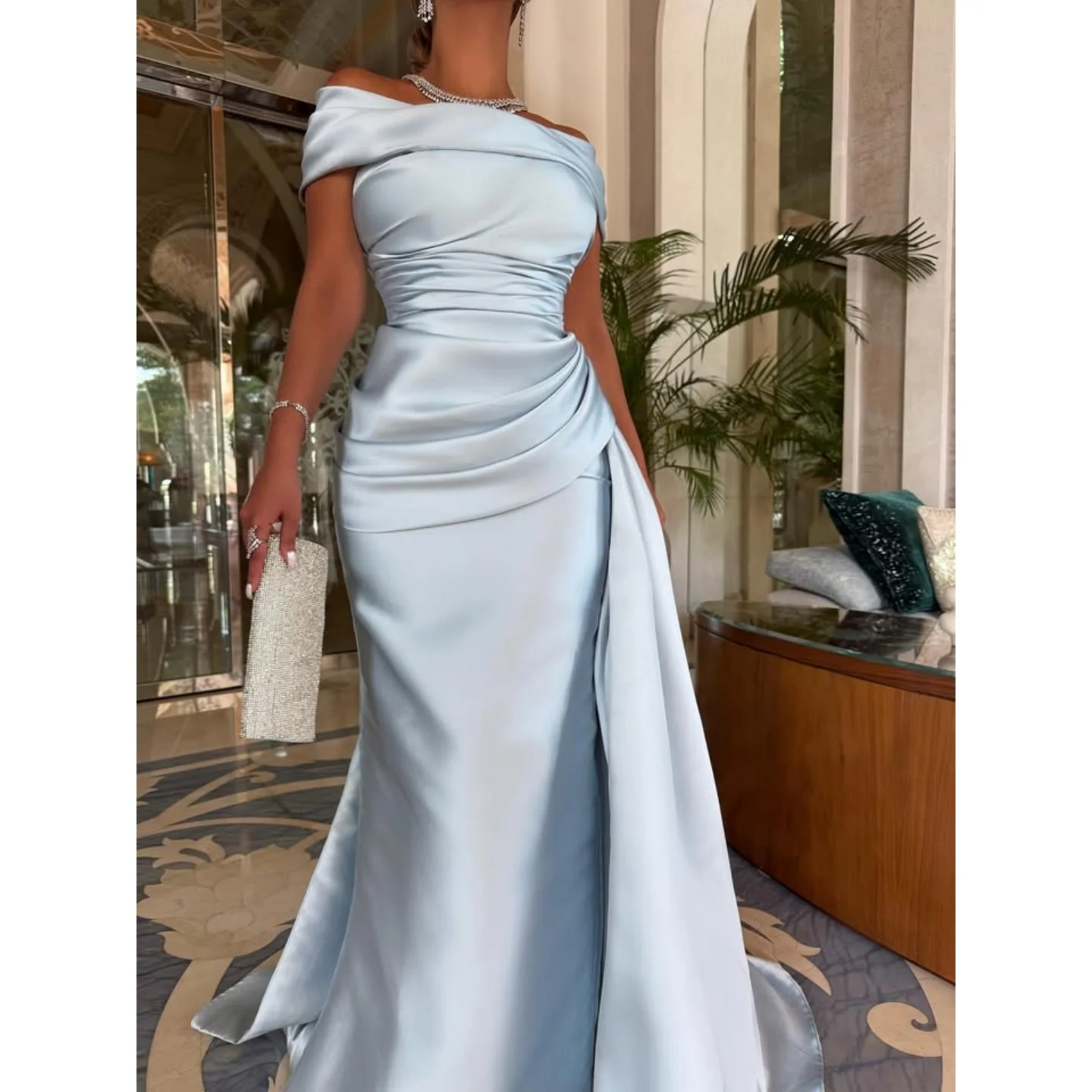 Abiti da sera blu con spalle scoperte Maniche lunghe Abiti da sposa Macchia Abito da ballo Paillettes Abito da festa con perline Personalizzato 2025