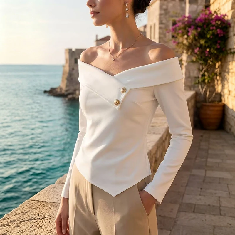 BKLD Cross Off-shoulder Metal Button Decoration Long Sleeve Slim Fit Backless Elegant French T-Shirt Women Casual Irregular Tops