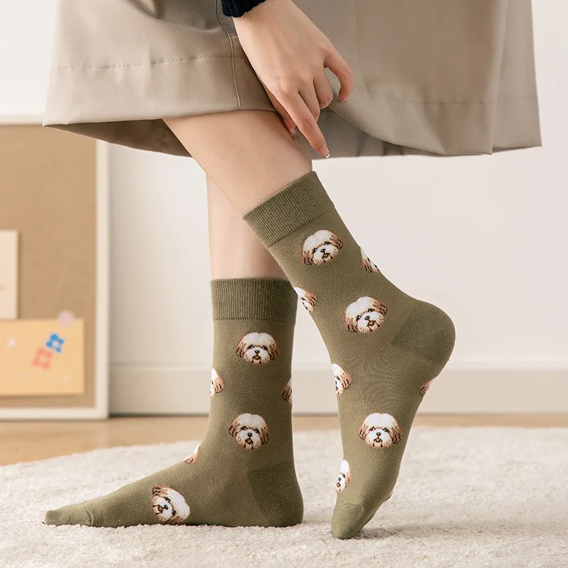 Cute Cartoon Dog Middle Tube Sock Women Ins Creative Female Sokken Printed with Shiba Inu Dalmatian Malzis Teddy Pomeranian Drop