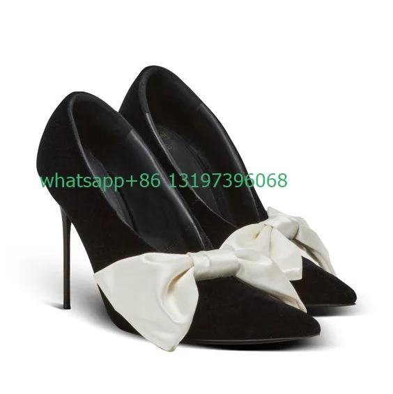 Lady pointed toe satin-bow pumps black velvet elegant sexy  high heels suede black white stain high heels size 35-46 footwear