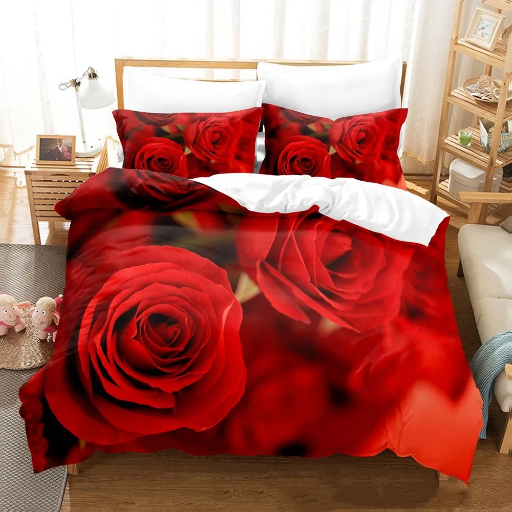 

3D Red Rose Valentine's Day Gift Duvet Cover Set With Pillowcases Marry Comforter Bedding Sets For Wedding Double Bed Set Girls