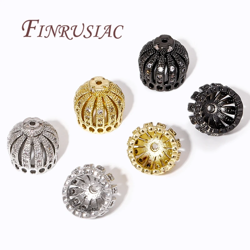 18K Gold Plated Brass with Zircon Crown Beads Caps For Bracelets,Tassel Bead Cap For DIY Earrings Charms Jewelry Making Findings