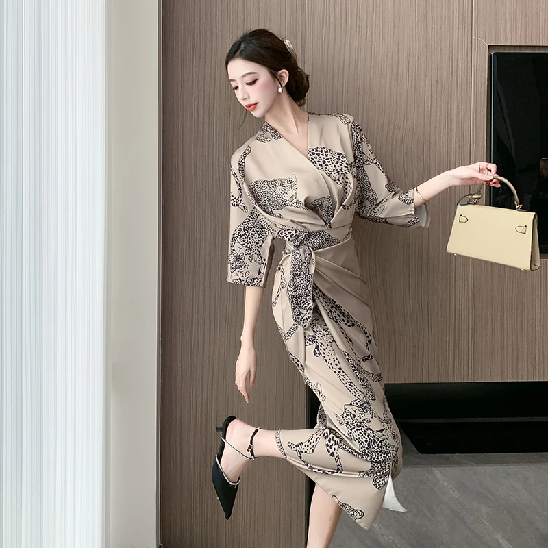 Elegancka Sukienka Satynowa w Stylu Vintage z Rozcięciem, Szykowna, Seksowna, z Dekoltem w Serek, Dopasowana, Vestidos, Jesienna Sukienka na Wakacje, Imprezę, Moda Damska, Retro Sukienki z Falbanami