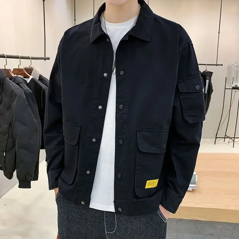 

Spring Autumn Men's Casual Jacket Button Lapel Work Coat New Solid Color Multi-pocket Tops Men Fashion High Quality