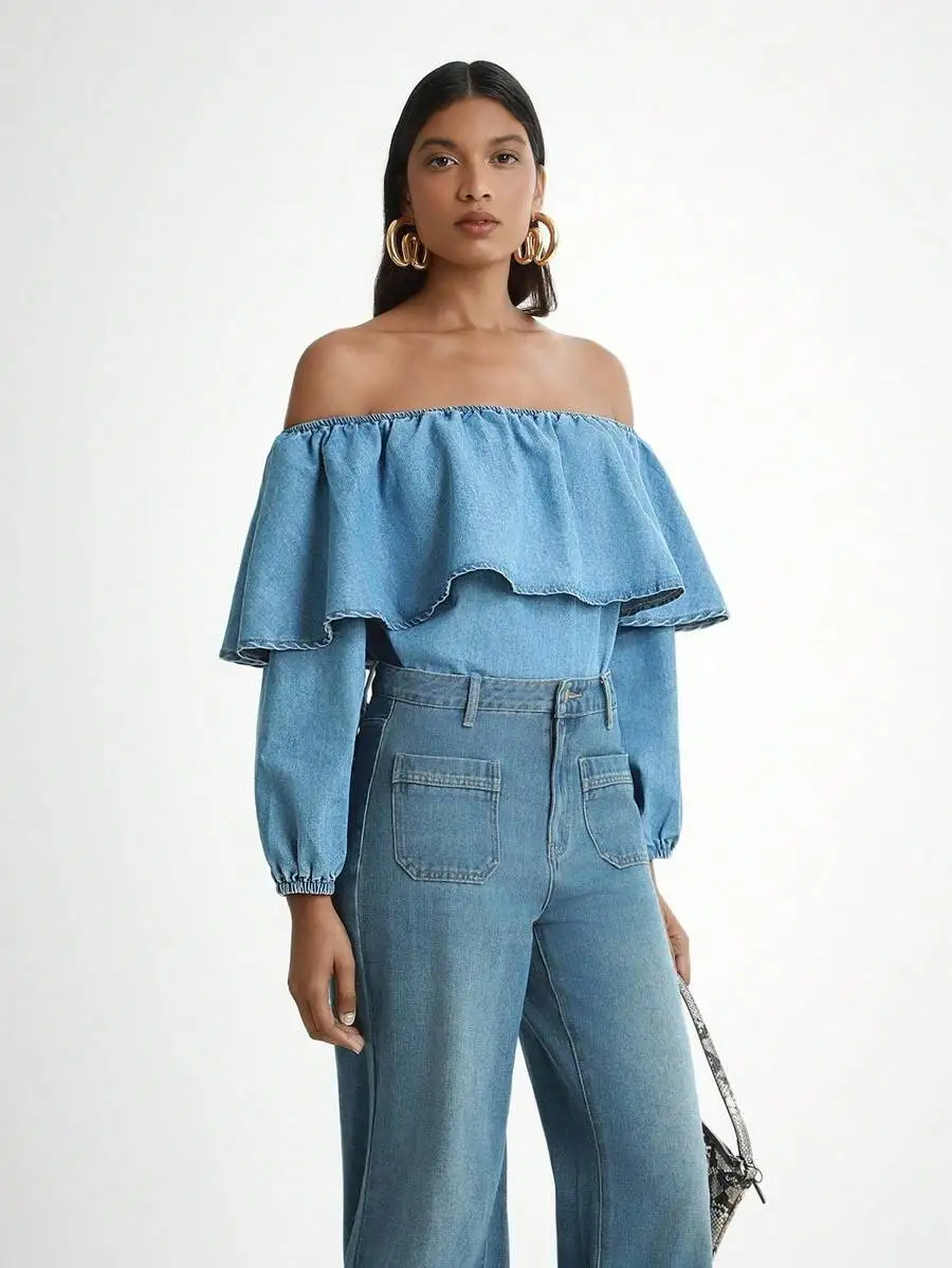 

Womens Off Shoulder Ruffled Lantern Sleeve Denim Blouse Casual Top