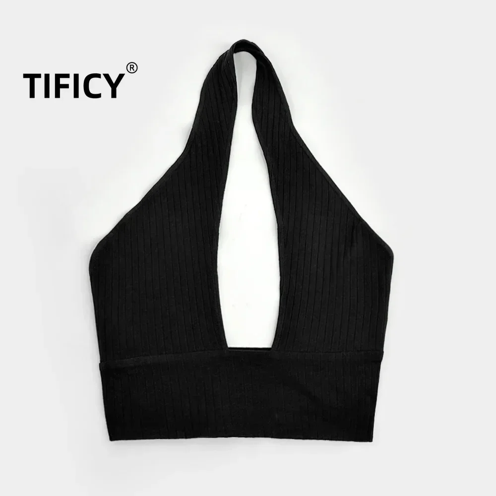 

TIFICY High Street Women's Spring/Summer Trendy Ribbed Sexy Hanging Neck Knitted Chest Wrapped Small Strap Tank Top