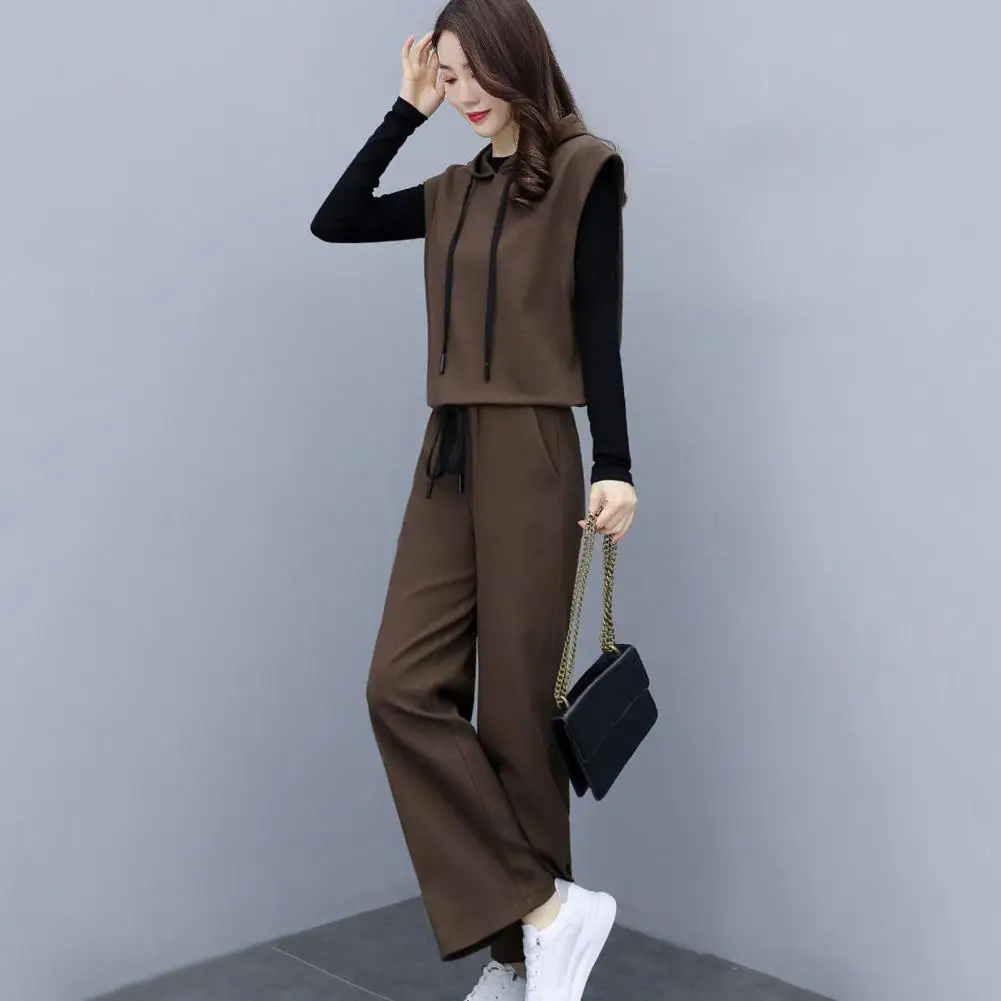 Daily Wear Suit Stylish Women's Three-piece Set Black Hooded Vest Coat Elastic Waist Wide Leg Pants for Office Leisure for All