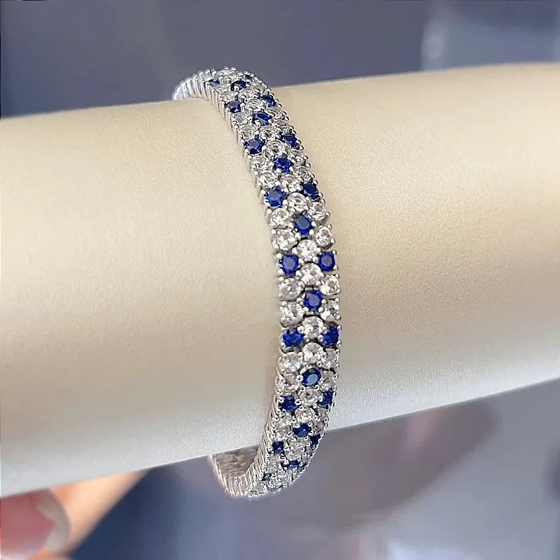 cubic zircon bangle 925 sterling silver white and blue color mixed fine women jewerly