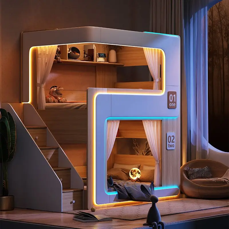 

small apartment bunk top and bottom bunk double-layer children's suspended bed feeling high guardrail does not disturb