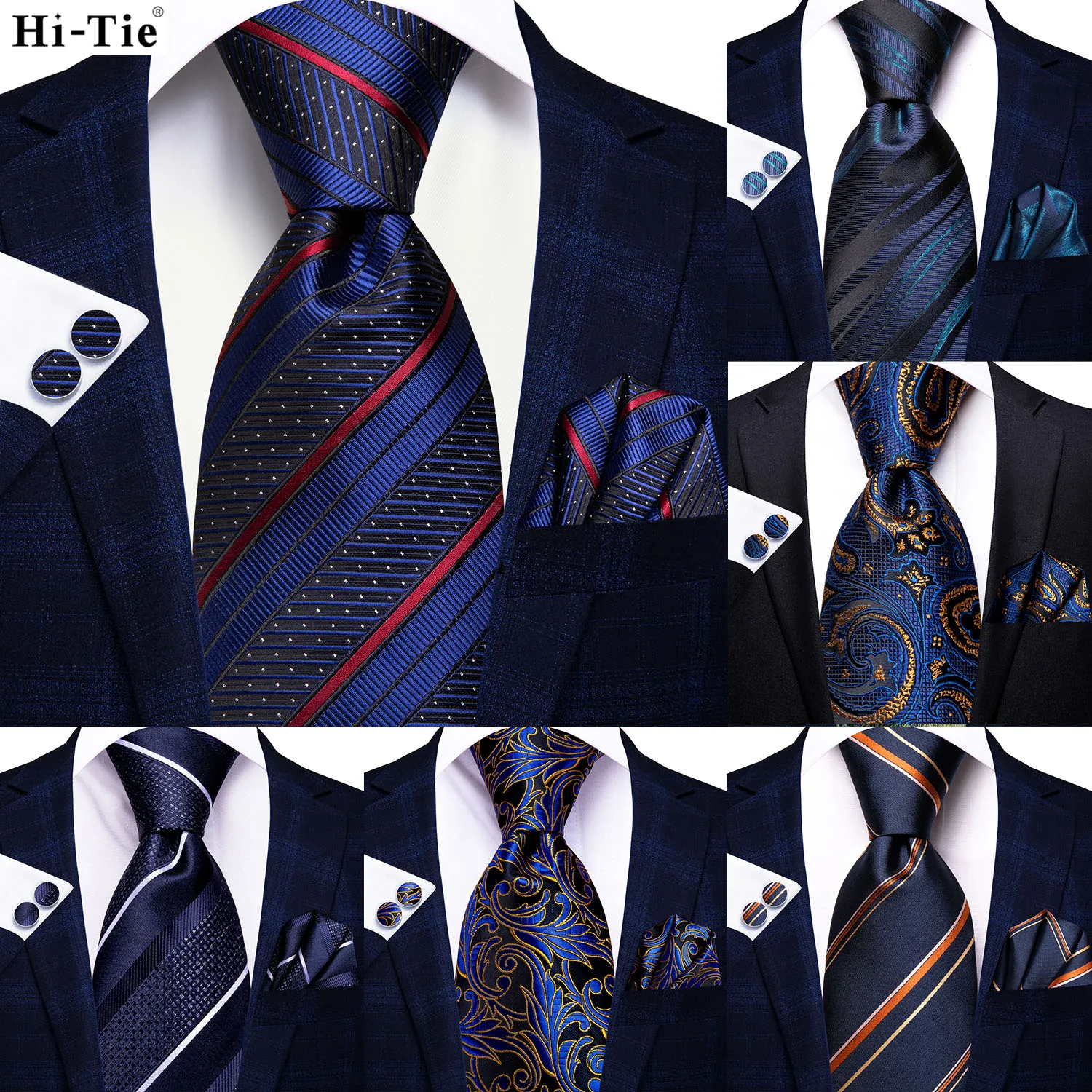 

Hi-Tie Designer Navy Blue Striped Silk Wedding Tie For Men Gift Mens Necktie Handky Cufflink Fashion Business Party Dropshiping