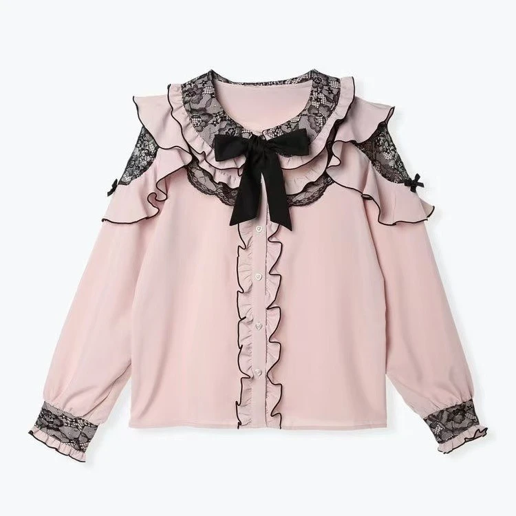 Japanese Style Sweet Cute Shirts Girl Long Sleeve Kawaii Cute Lace Blouse Lolita Bow Casual Aesthetic Shirt Woman Chic