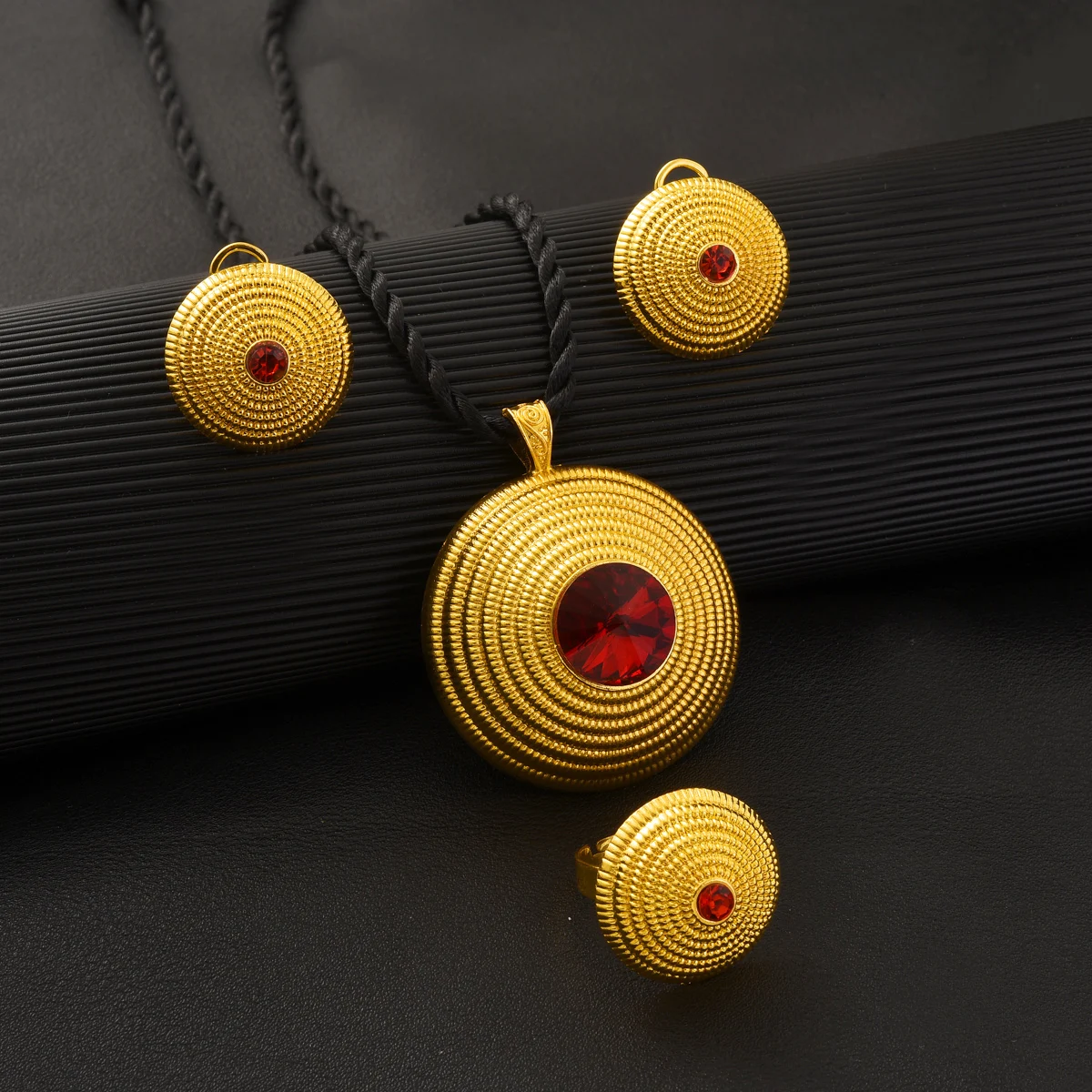 Gold Color Round Red Zirconia Jewelry Set Middle East Dubai Pendant Necklace Ring Earring Arab Ethiopian Bride Wedding party