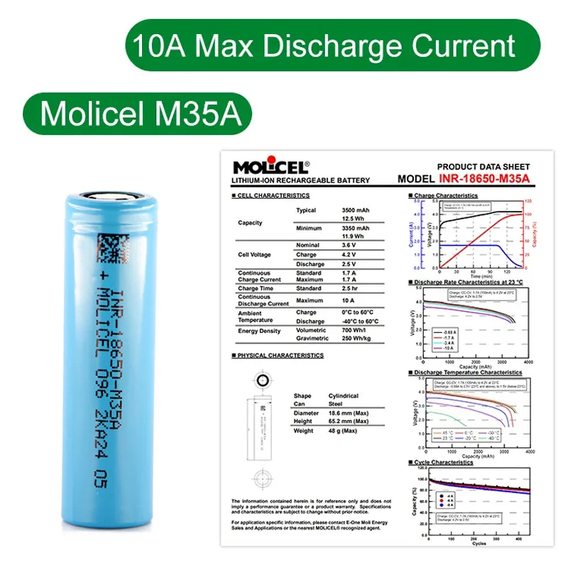 Original Molicel M35A INR 18650 Battery 3500mAh High Capacity Li-ion Rechargeable Batteries 10A 3.7V For E-Bike Flashlight Toys