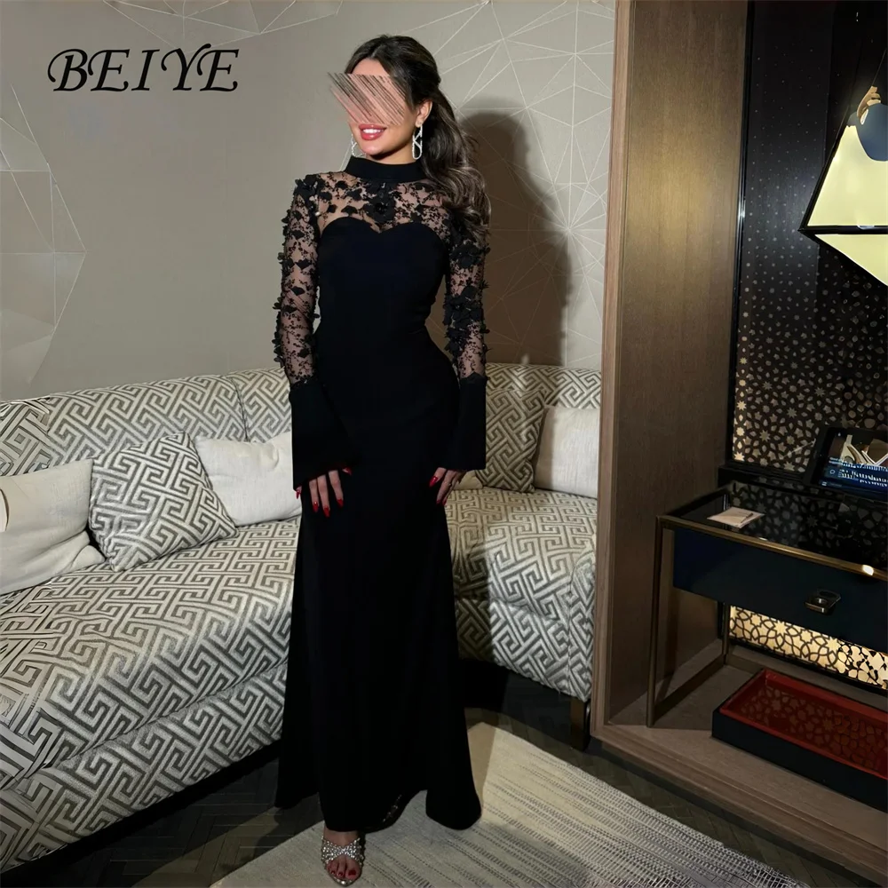 

BEIYE Vintage Black Lace Long Sleeves Mermaid Evening Dress Appliqued High Collar Party Gown Customized فساتين سهرات