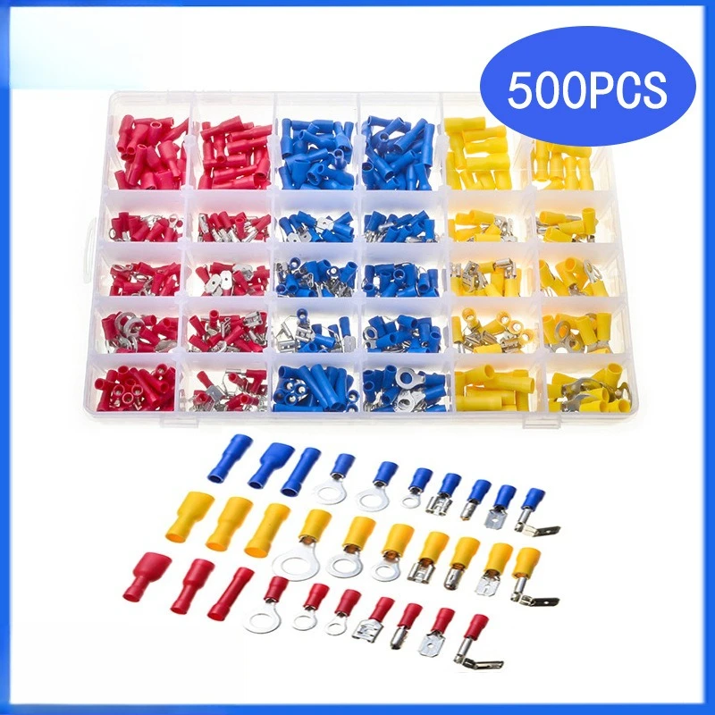 

500Pcs/Box European Pre-insulated Copper Crimp Terminals Ring & Spade Wire Connector Kit