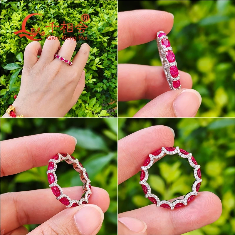 S925 Silver Full Eternity Band Ring  3*5MM Oval Lab Created Ruby Sapphire Paved White Moissanite Side Stone Vintage Wave jewelry