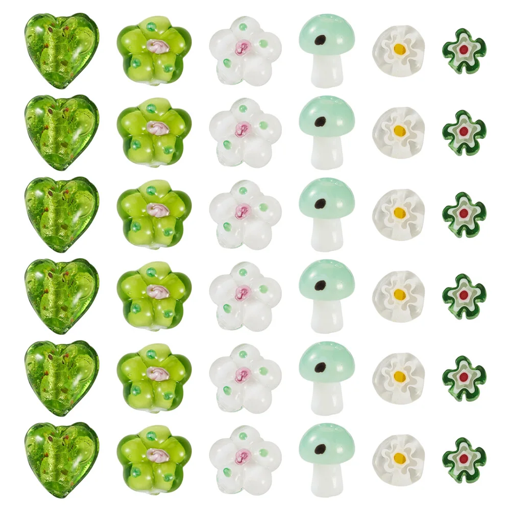 60pcs Handmade Lampwork Beads Mushroom Flower Heart Flat Round Murano Glass Beads for DIY Jewelry Making Craft Accessories