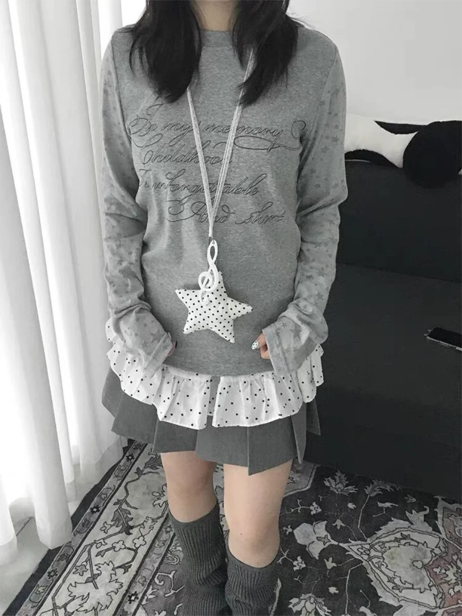 

Chic Korean Sle Long Sve T-irt Women's Slim Fit Print Base irt Spring Season Youthful Top Layered Clothing