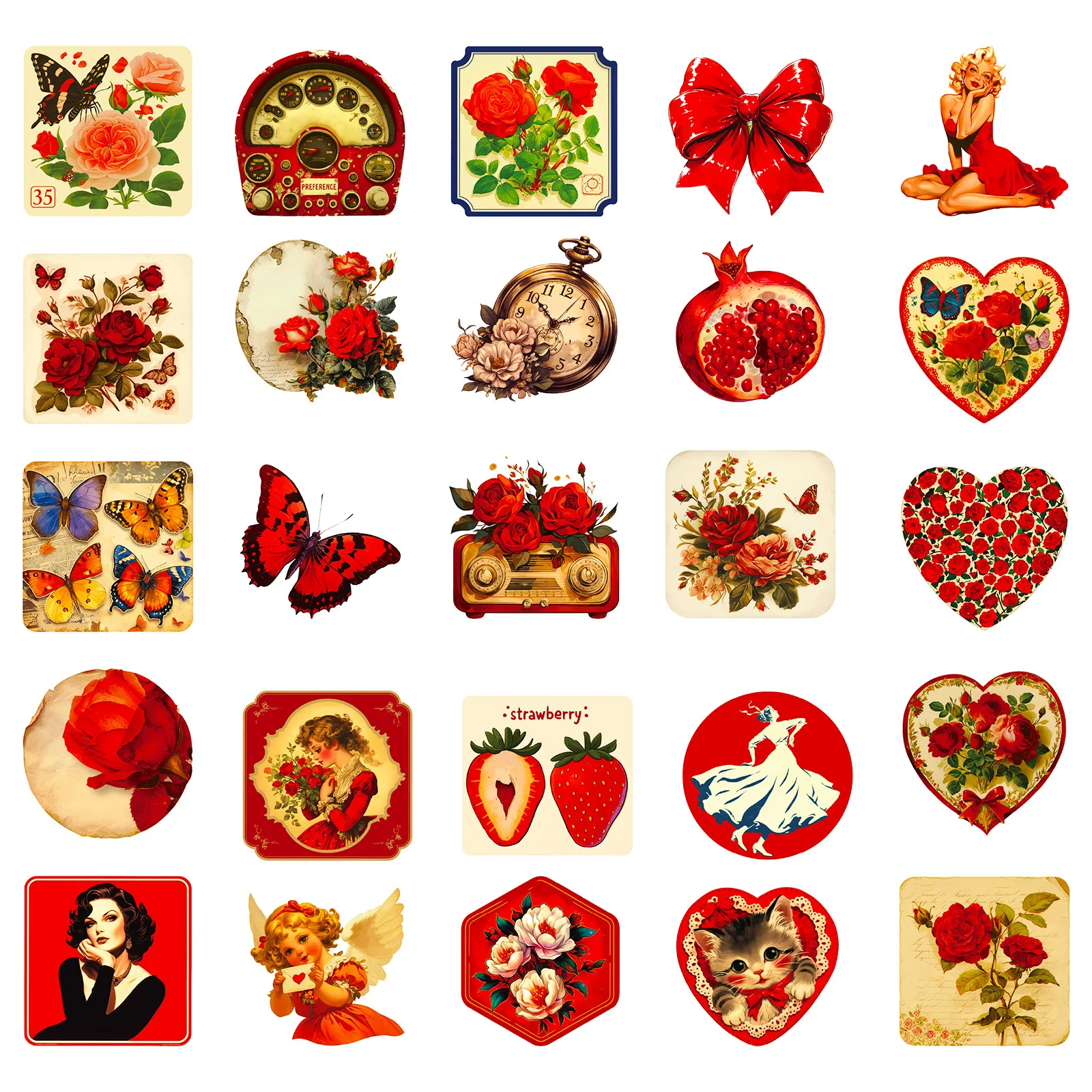 50 قطعة ريترو روز خربش فراشة امرأة روز ملصق نمط الديكور دفتر سكيت باد ملصقات مقاومة للماء لعبة أطفال #4