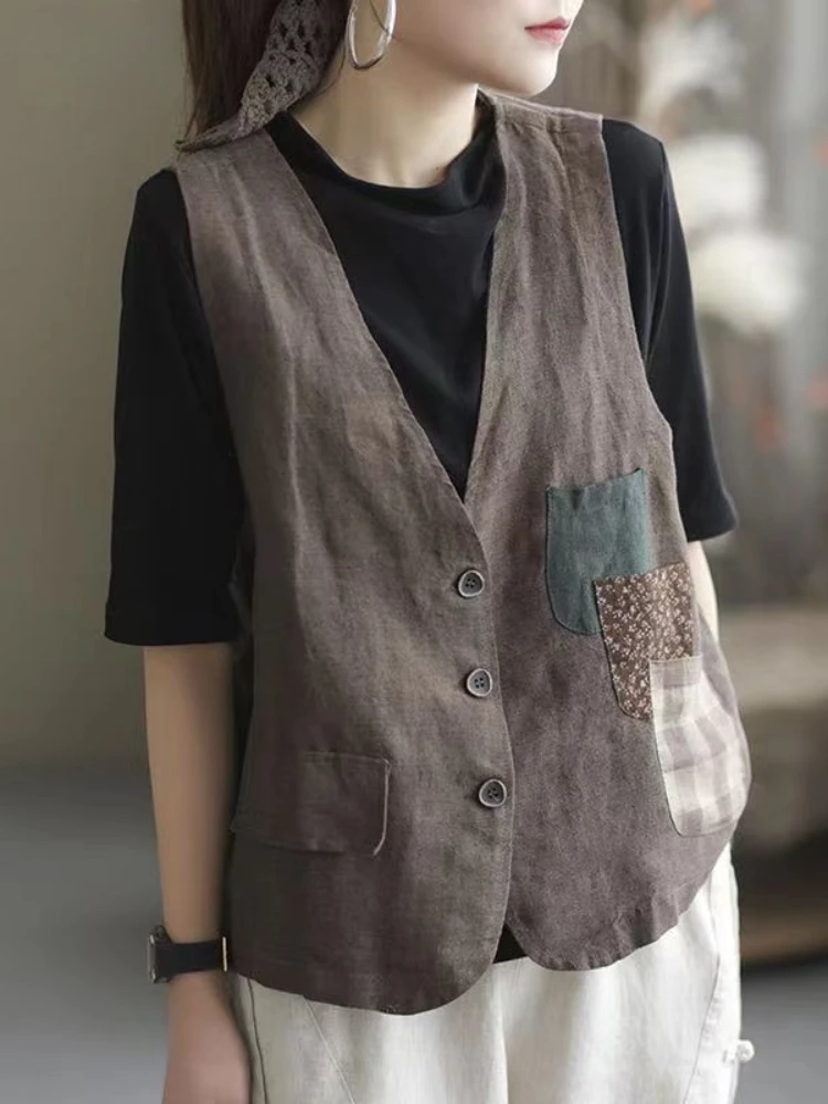 Patchwork Pockets Vests Women Vintage Literary Design Baggy Casual Chic Elegant Lady Fashion Korean Style Street Wear Sleeveless