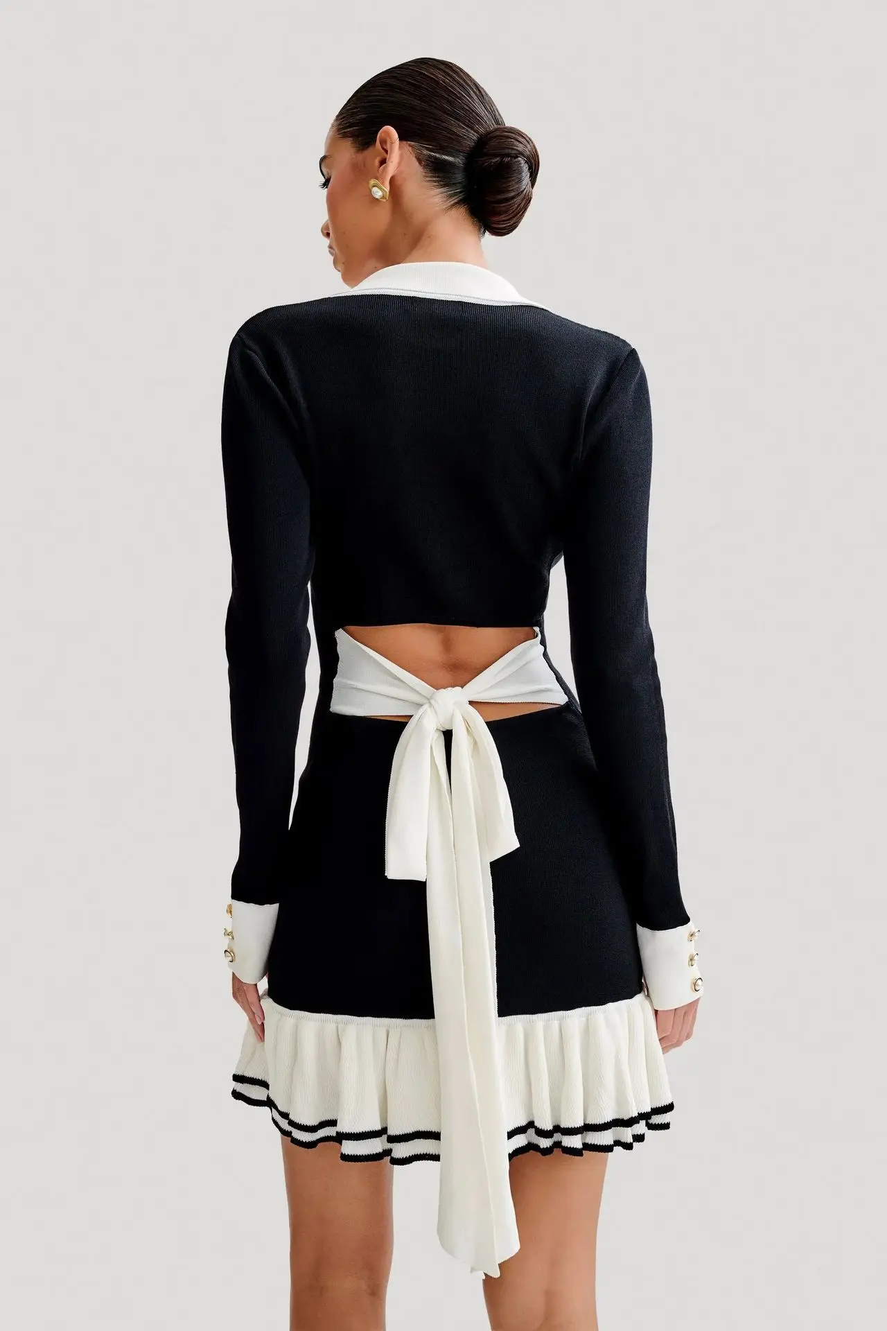 Nice Ruffled Bow Knit Mini Dress Women's Summer Backless Contrast Cardigan Lace-Up Elegant Dress Female Knitwear Bandage Dress