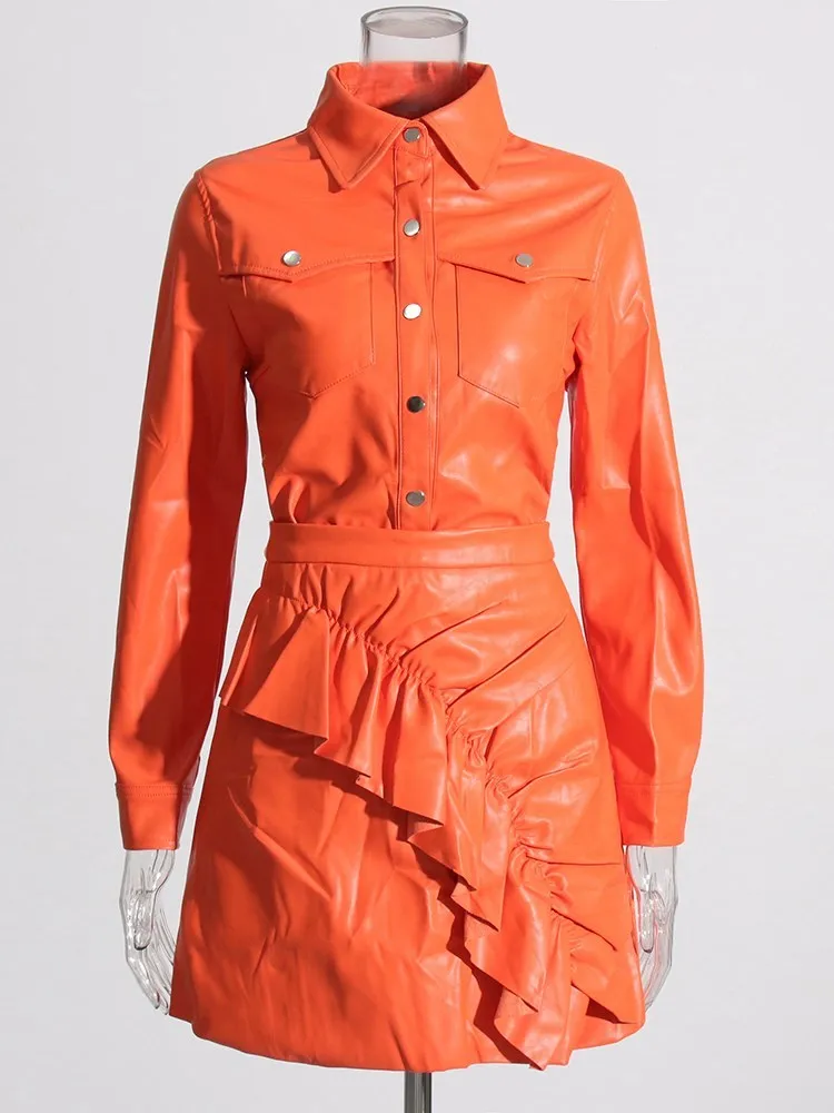 BPN Solid Two Piece Sets For Women Lapel Long Sleeve Leather Jackets High Waist Ruffle Skirts Fashion Set Female Clothing Style