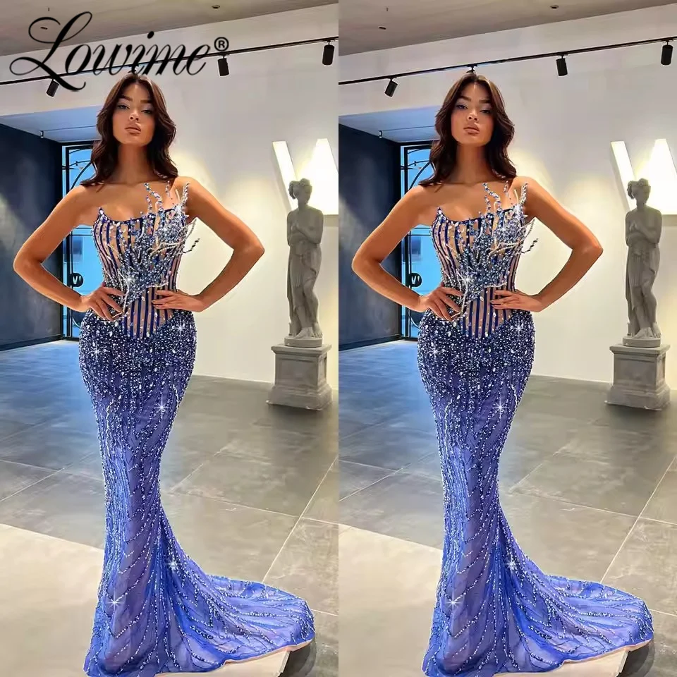 

Блестящее вечернее платье с бисером для женщин, без бретелек, длинное, для выпускного вечера, фасон «русалка», на заказ, синее, коктейльное, для вечеринок, Robes De Soiree