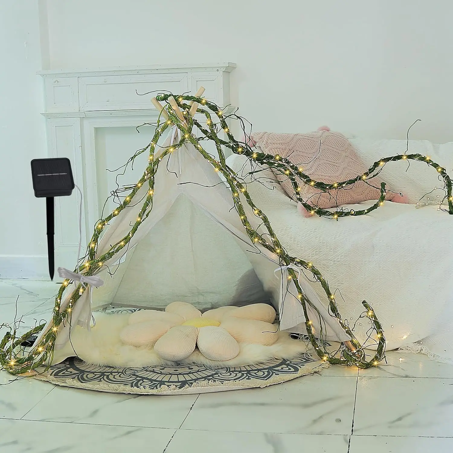 118 Cal wodoodporne girlandy żarówkowe na energię słoneczną, rozkładane gałęzie sztuczne drzewo gałązka winorośl sztuczna drewniana girlanda na ścianę zewnętrzną