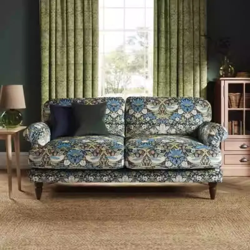 Retro pastoral French color fabric three-person living room small apartment straight row removable and washable floral