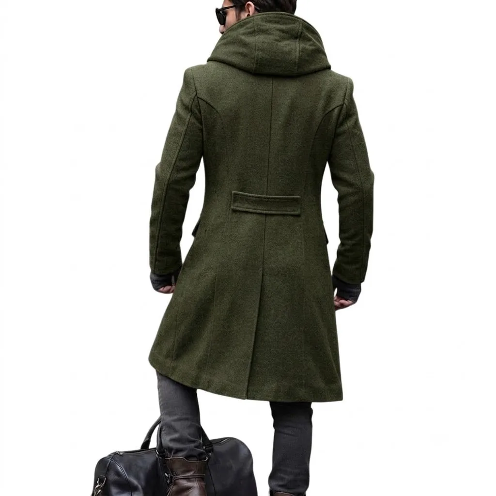 Men Hooded Wool Blends Trench Coat Double Breasted Mid Length Overcoat Work Casual Thick Warm Jacket Pockets Autumn Winter 2026