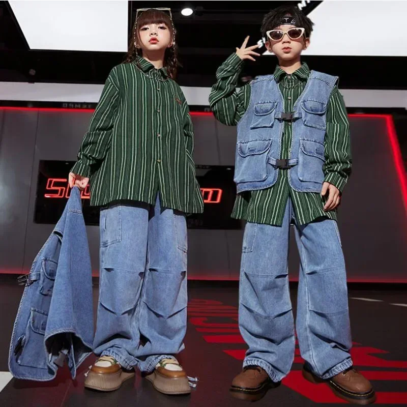 

Наряды в стиле хип-хоп для мальчиков, джинсовый жилет, толстовка, брюки, уличная одежда для девочек, детский комплект одежды для уличных танцев, детский джазовый костюм