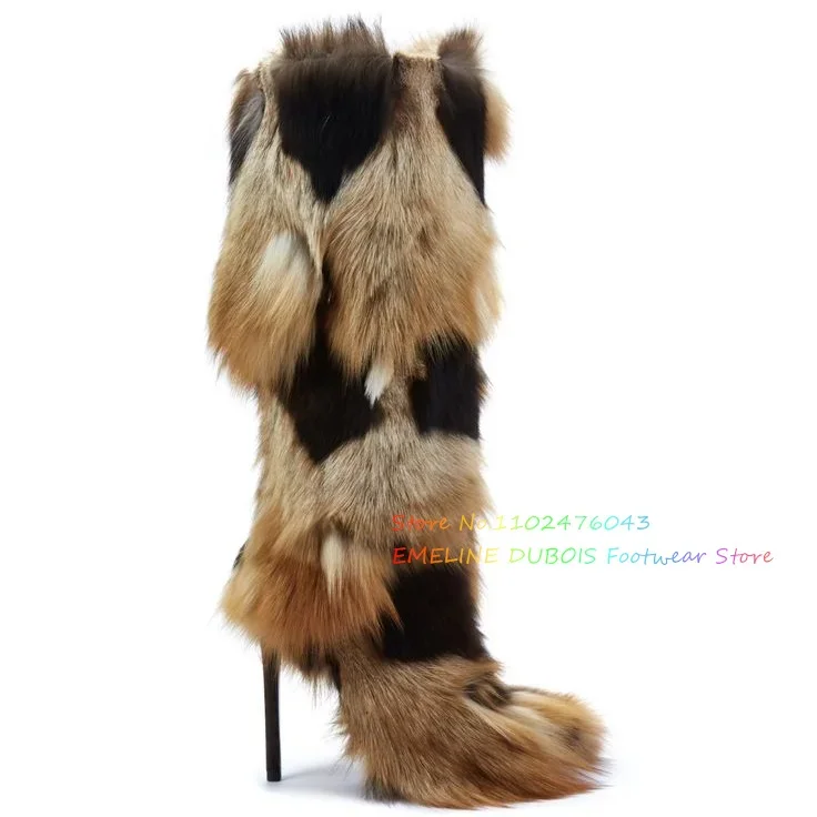 Multicolor Fur High Heel Knee High Boot Women Sexy Pointed Toe Stiletto Heel Winter Warm Back Zipper Newest Trandy Long Boot