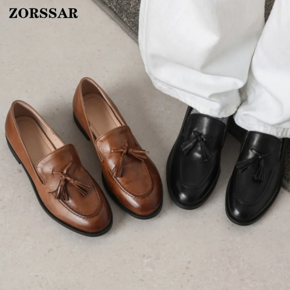 

Women's Tassel Flat Loafers Genuine Leather Slip on Retro British Style Office Casual Footwear Comfortable Brown Ladies Shoes