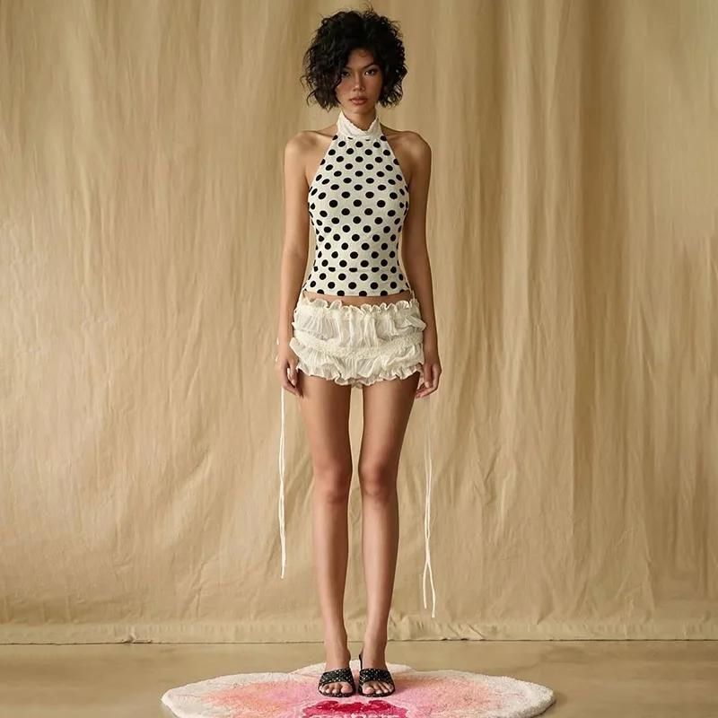 

2025 Summer New European and American Style Women's Curve Retro Polka Halter Neck Waist-Cinching Top